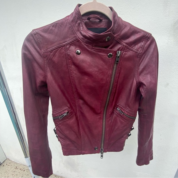 Y2K Club Monaco Burgundy Lamb Leather Moto Jacket Size XS Small